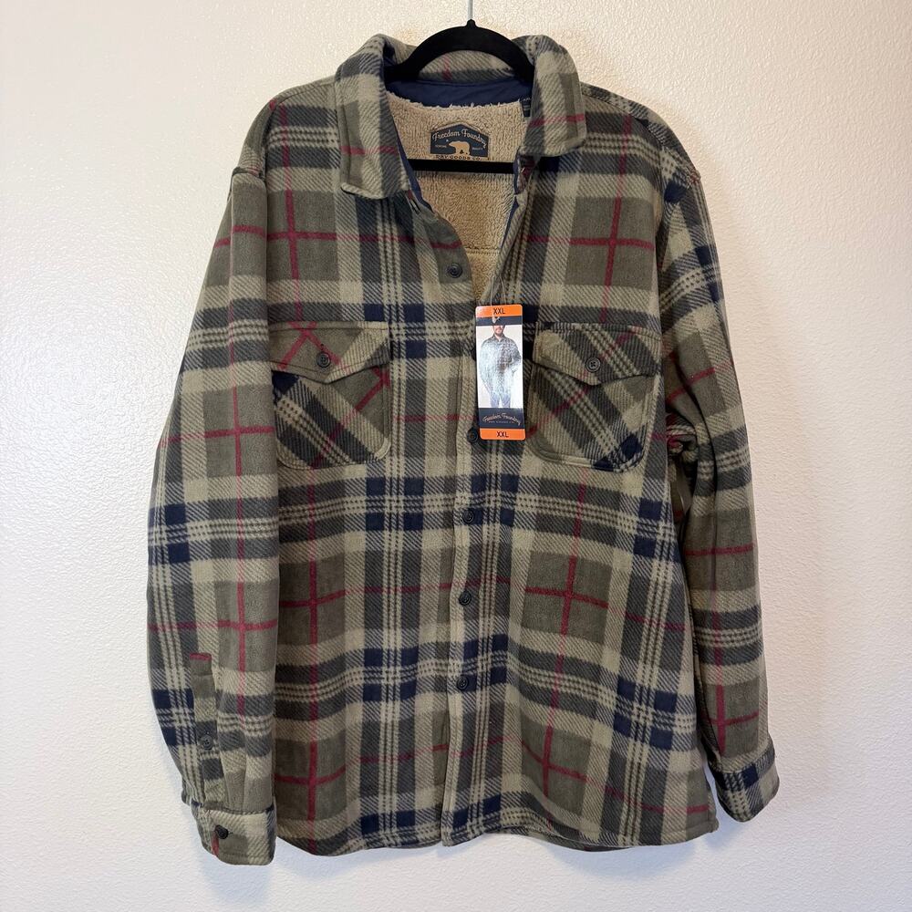 NWT Freedom Foundry Men's Fur Lined Fleece Shirt Jacket Shacket Green/Tan XXL